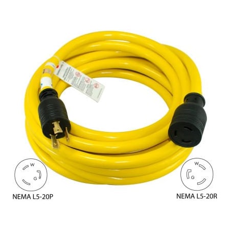 Conntek STW Locking Extension Cord, 12 AWG, 12/3, 1 Outlets, L5-20R, Yellow, L5-20P, 50 ft 20552
